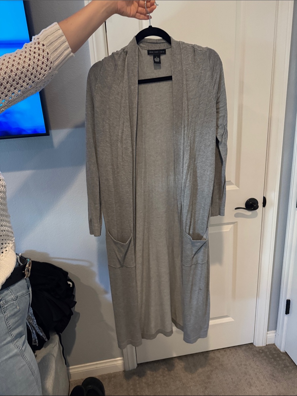 Joan Vass Light Gray Open-Front Long Cardigan